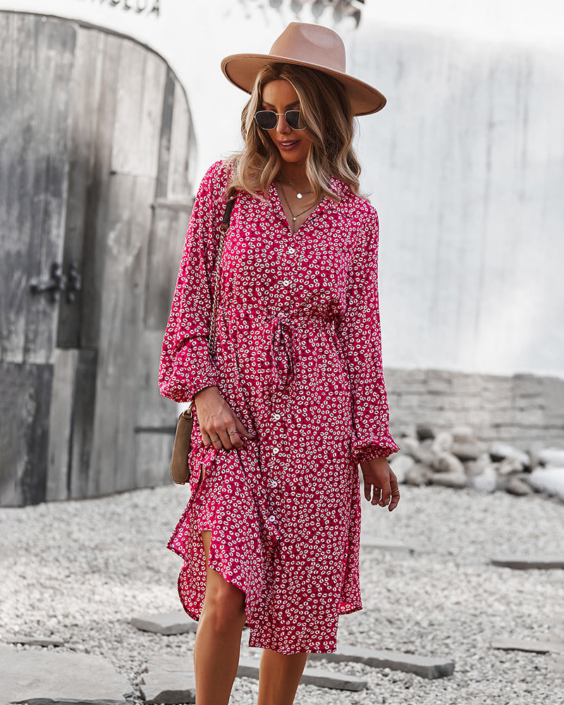 Vestido camisero con lazo floral en la cintura 