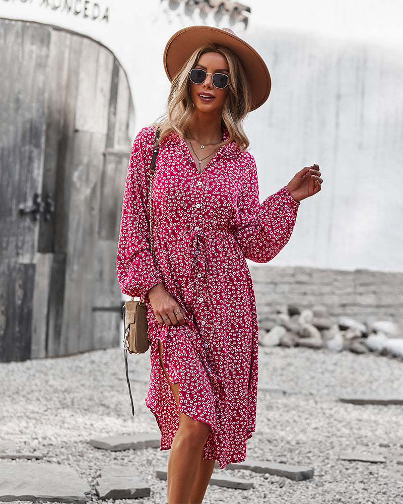 Vestido camisero con lazo floral en la cintura 