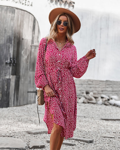 Vestido camisero con lazo floral en la cintura 