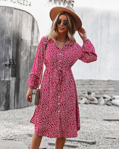 Vestido camisero con lazo floral en la cintura 