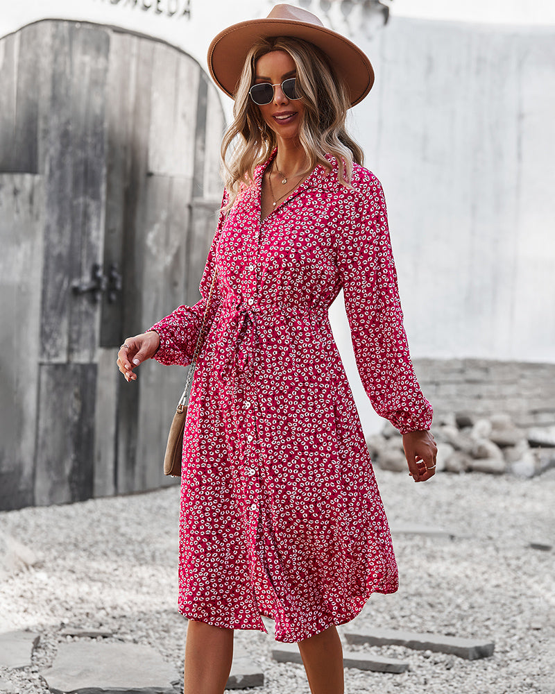 Vestido camisero con lazo floral en la cintura 