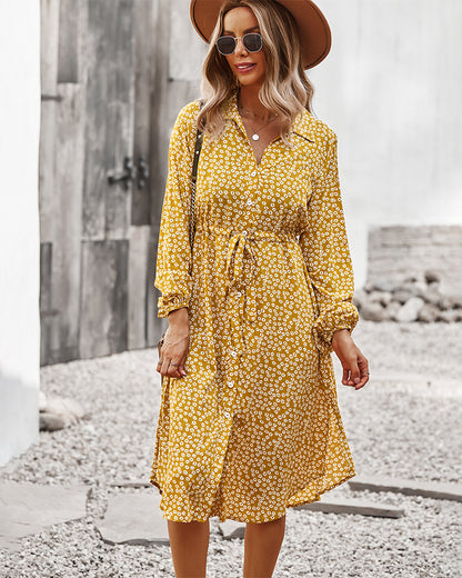 Vestido camisero con lazo floral en la cintura 