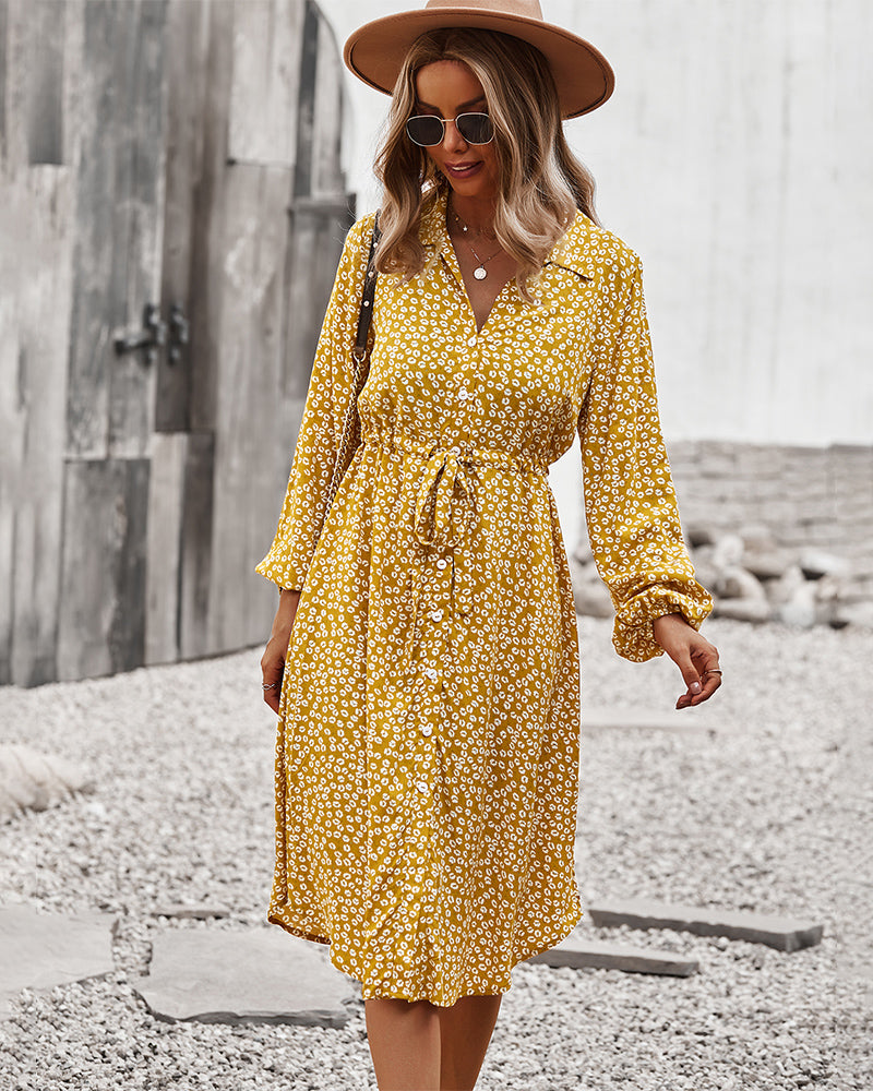 Vestido camisero con lazo floral en la cintura 
