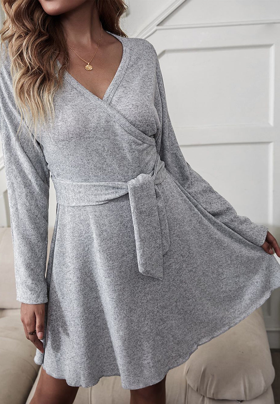 Tie Waist Long Sleeve Wrap Skater Dress for Women Above Knee Length –  Anna-Kaci