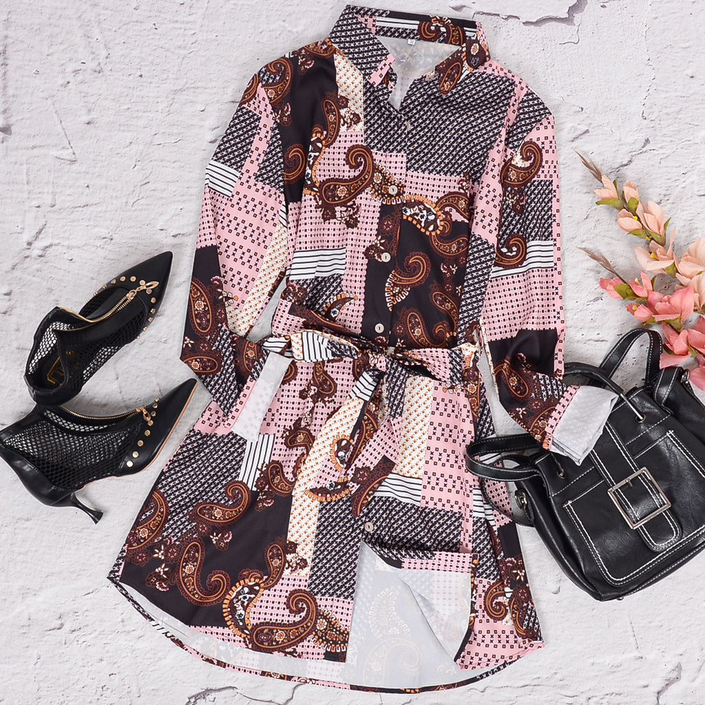 Mixed Print Tie Waist Dress