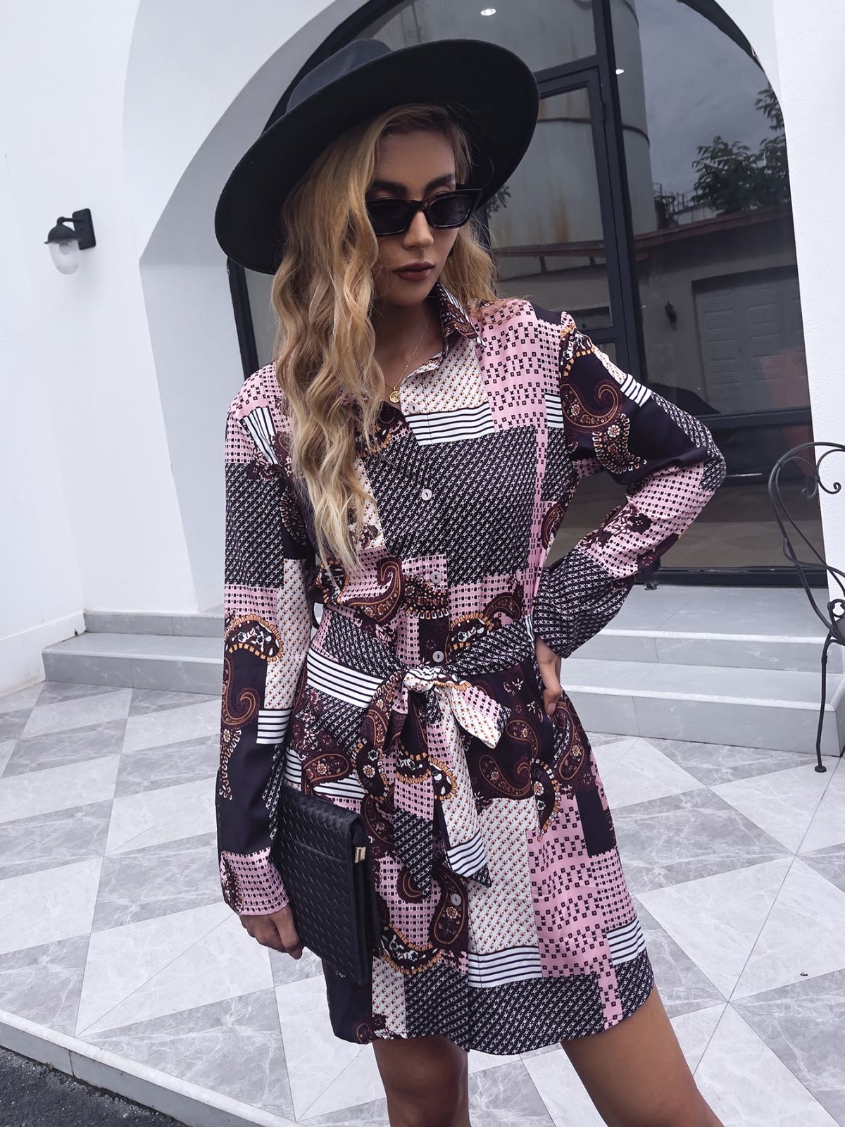 Mixed Print Tie Waist Dress