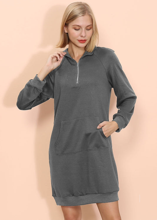 Vestido tipo suéter con bolsillo de canguro de color liso
