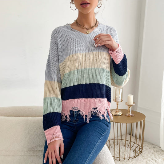 Frayed Hem Rainbow Knit Sweater