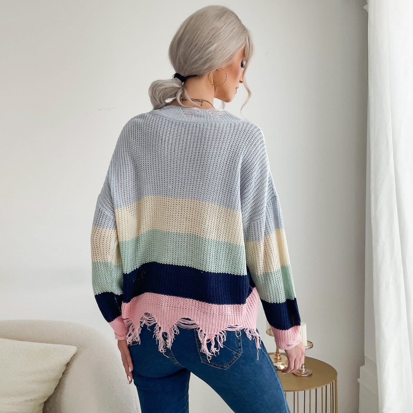 Frayed Hem Rainbow Knit Sweater