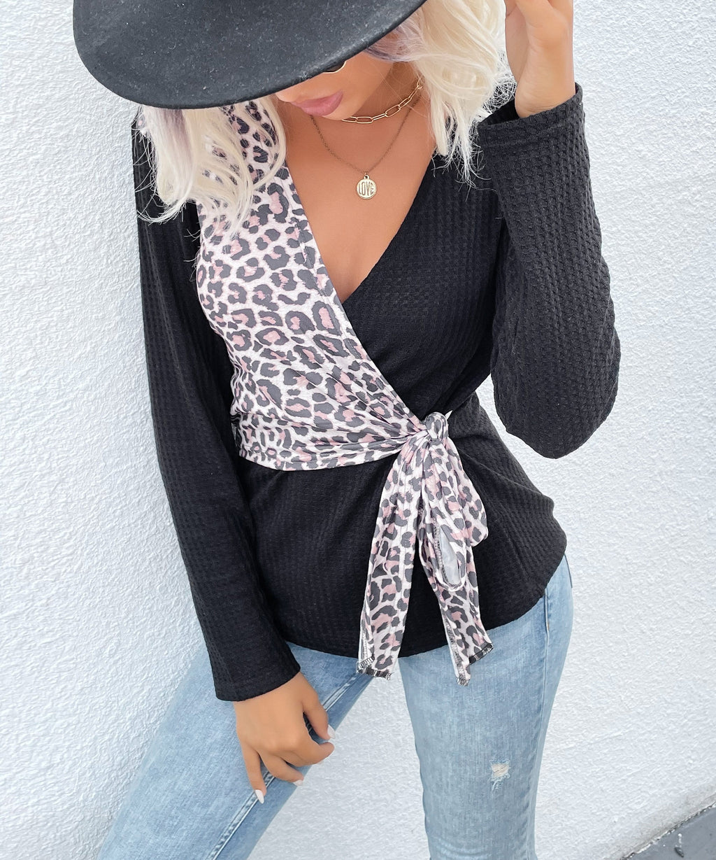 Two Tone Surplice Neck Sweater Leopard Print