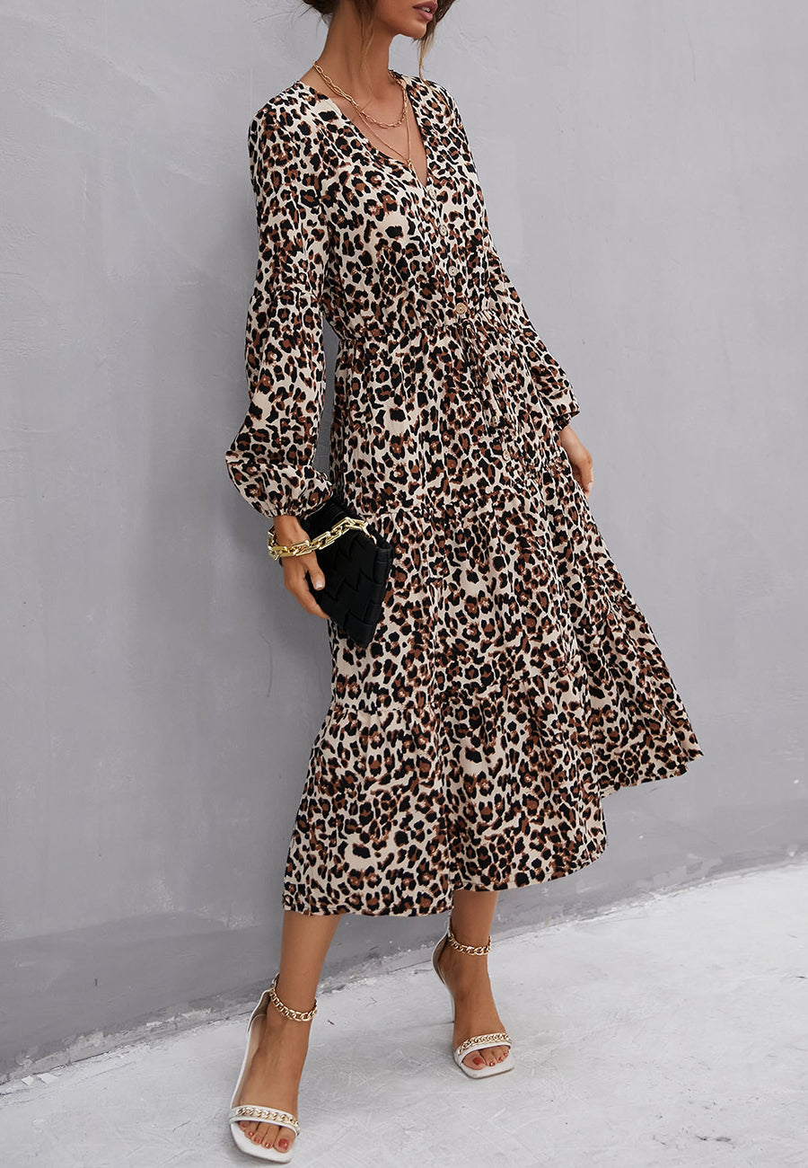 Button Down Leopard Print Long Sleeve Flowy Midi Dress for Women Anna-Kaci Button Down Leopard Print Long Sleeve Flowy Midi Dress for Women Anna-Kaci