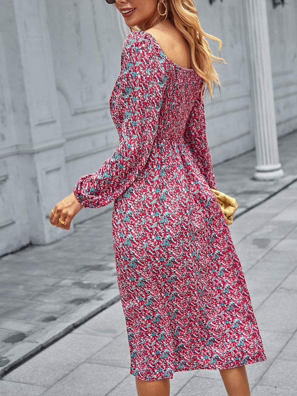 Square Neck Floral Print Long Sleeve Dress