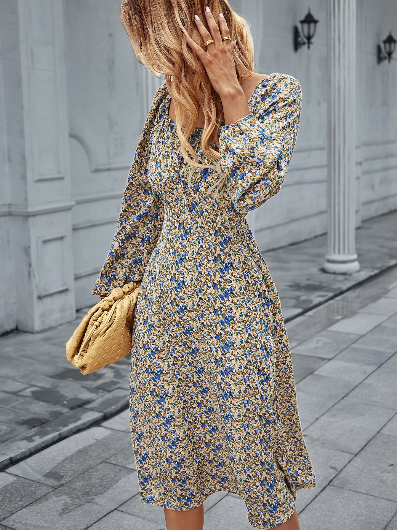 Square Neck Floral Print Long Sleeve Dress