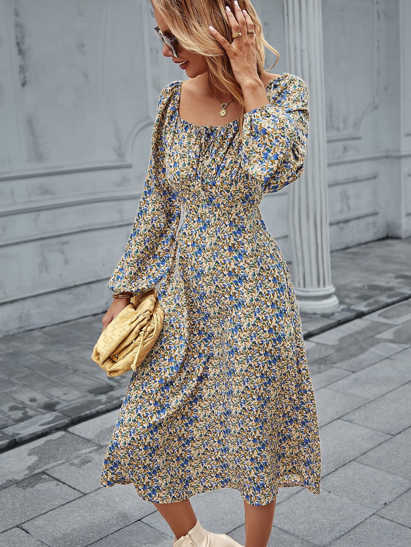Square Neck Floral Print Long Sleeve Dress