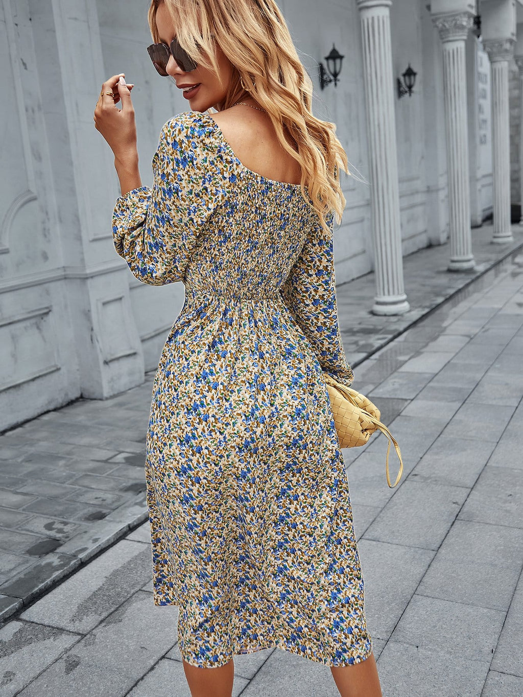 Square Neck Floral Print Long Sleeve Dress