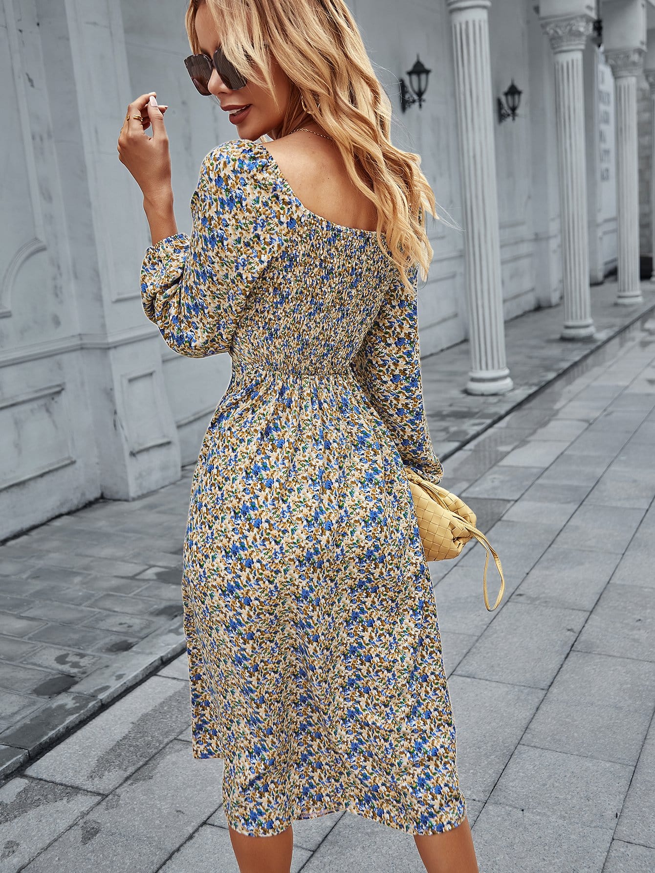 Square Neck Floral Print Long Sleeve Dress