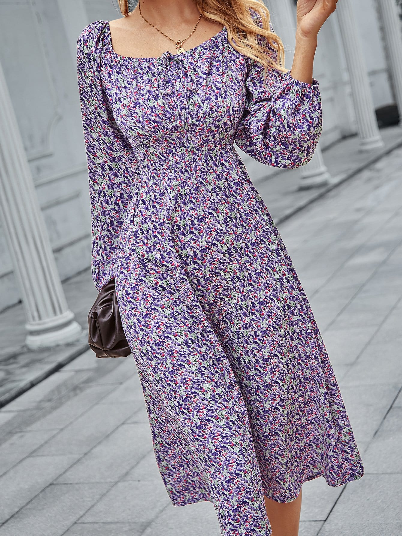 Square Neck Floral Print Long Sleeve Dress