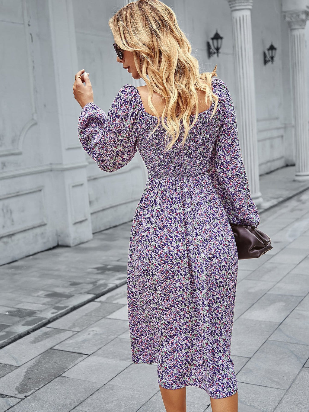 Square Neck Floral Print Long Sleeve Dress