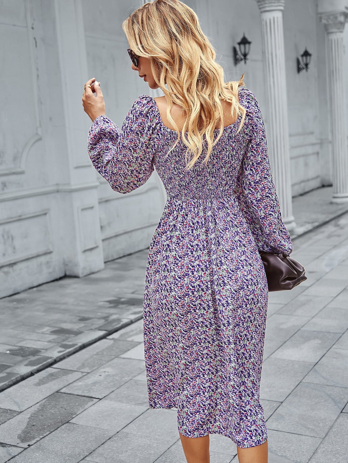 Square Neck Floral Print Long Sleeve Dress