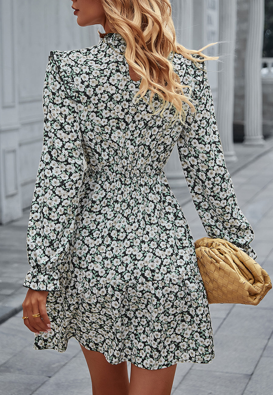 Floral Ruffle Trim Vintage Dress
