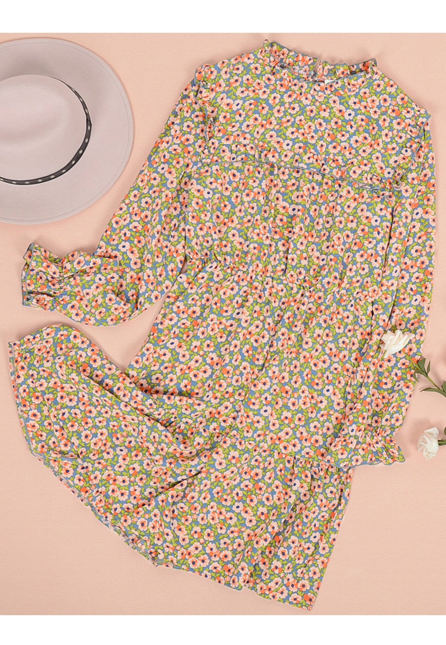 Floral Ruffle Trim Vintage Dress