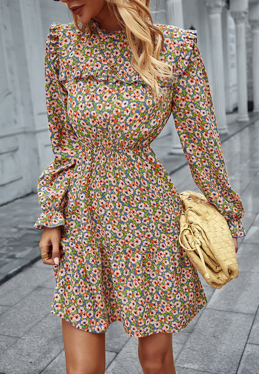 Floral Ruffle Trim Vintage Dress