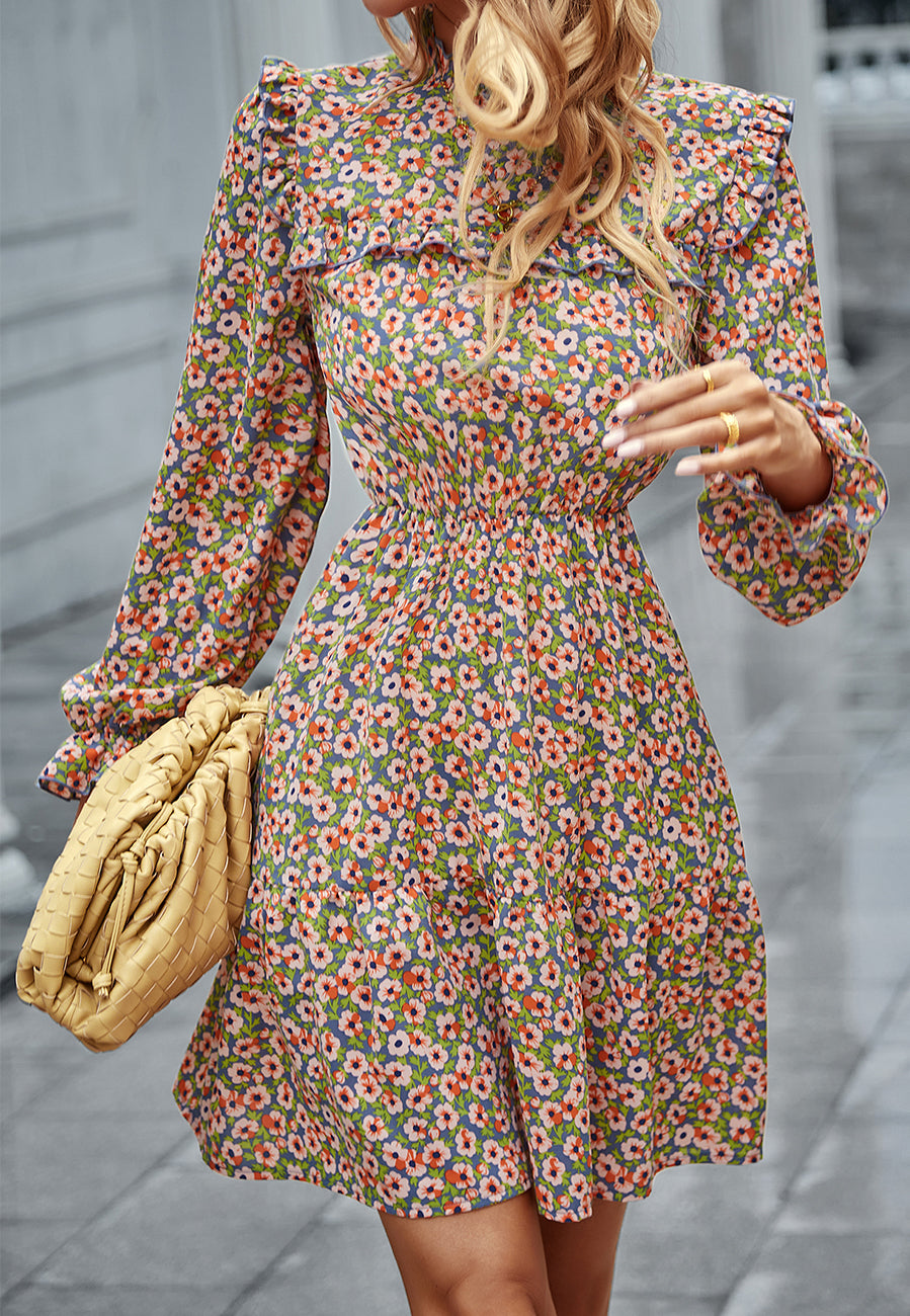 Floral Ruffle Trim Vintage Dress