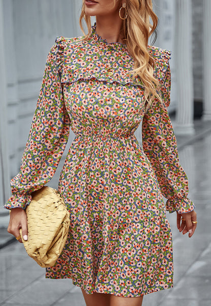 Floral Ruffle Trim Vintage Dress
