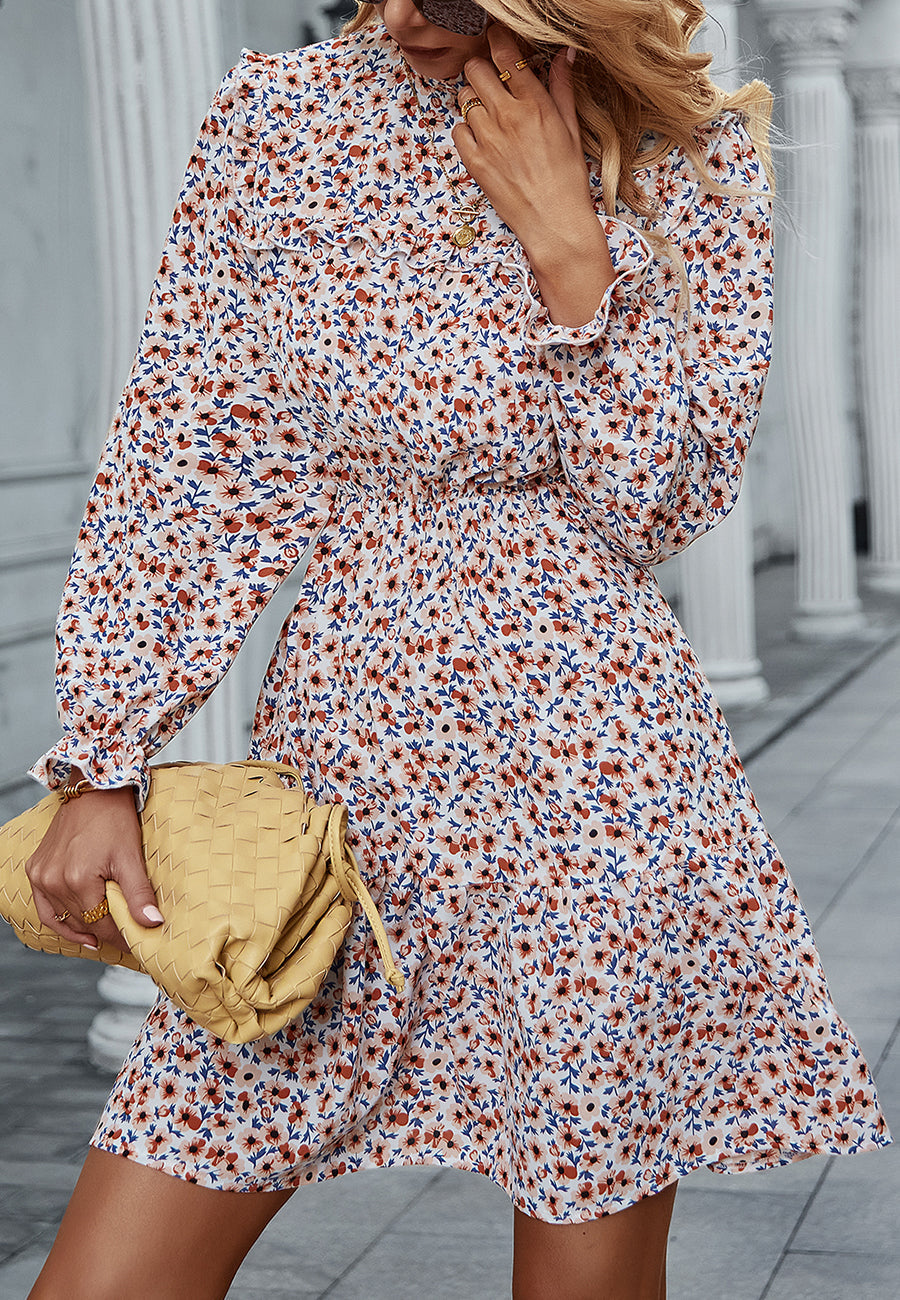 Floral Ruffle Trim Vintage Dress