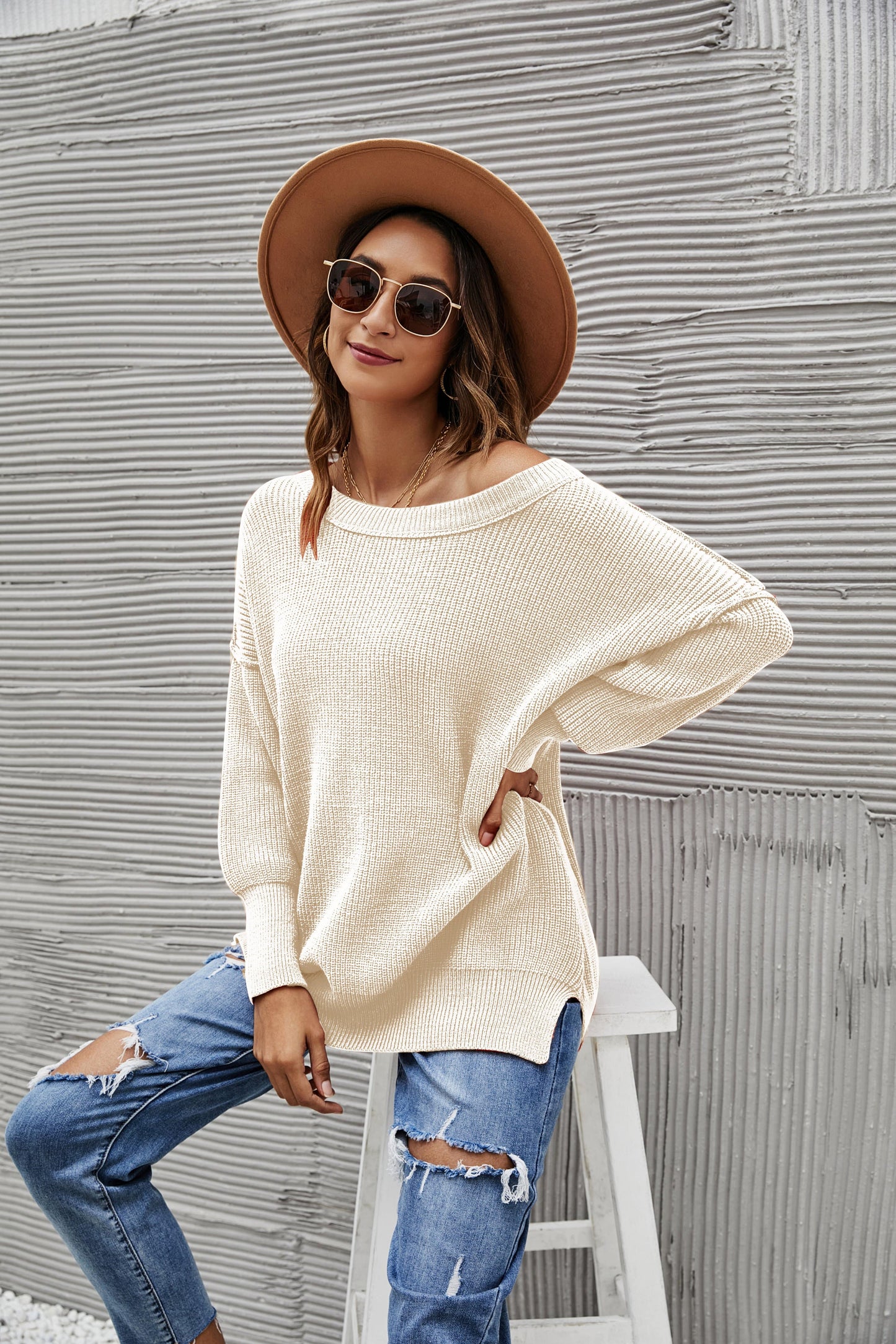 Solid Side Slit Knit Sweater