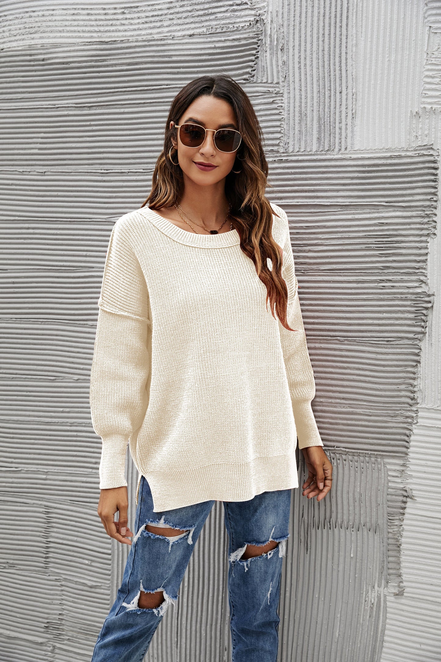 Solid Side Slit Knit Sweater