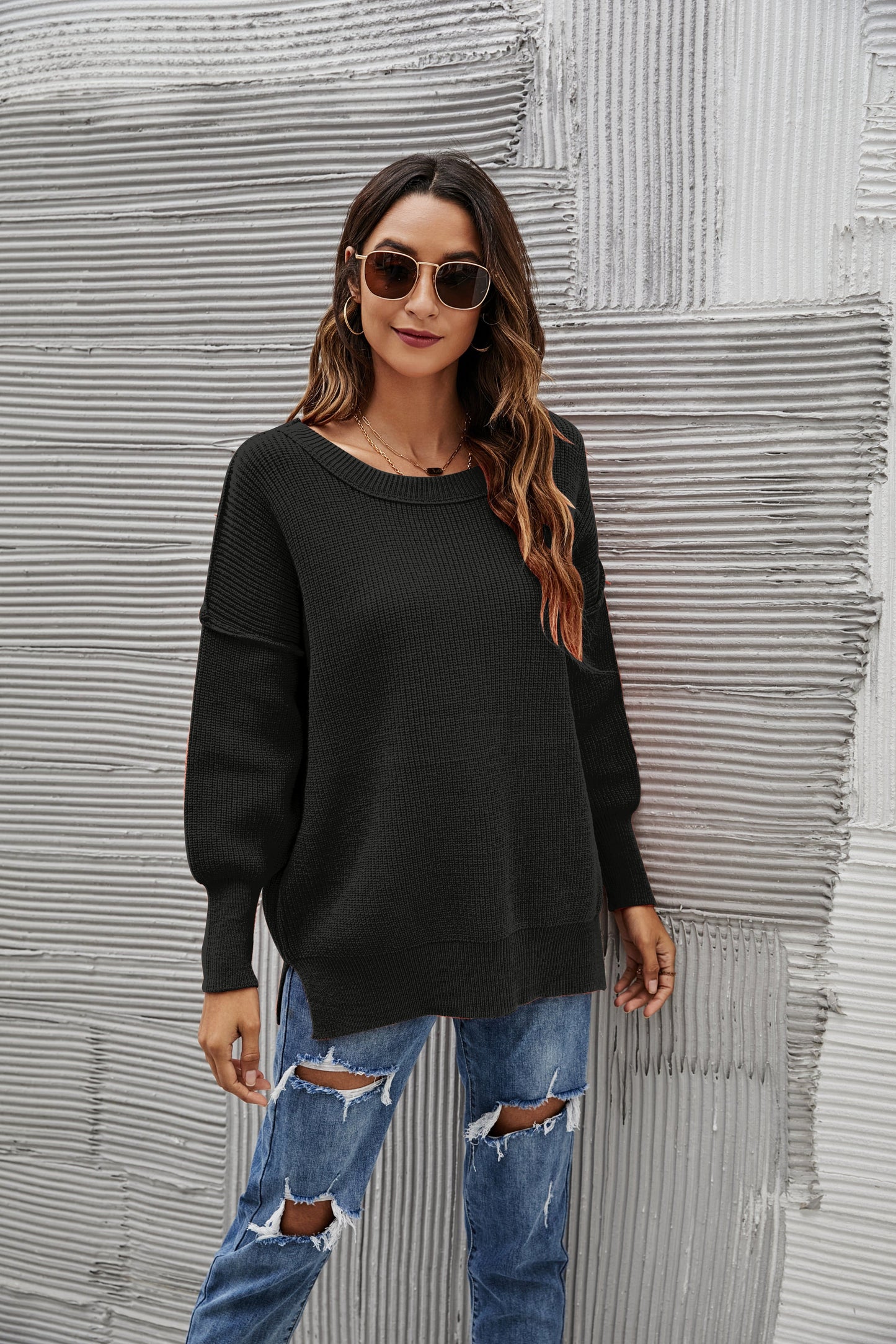 Solid Side Slit Knit Sweater