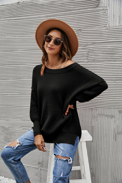 Solid Side Slit Knit Sweater