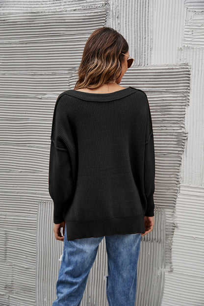 Solid Side Slit Knit Sweater