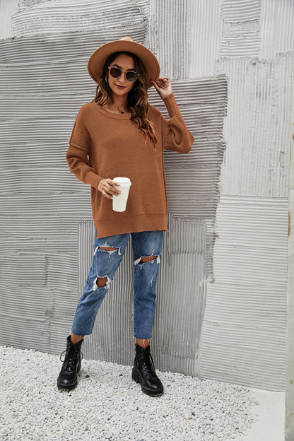 Solid Side Slit Knit Sweater