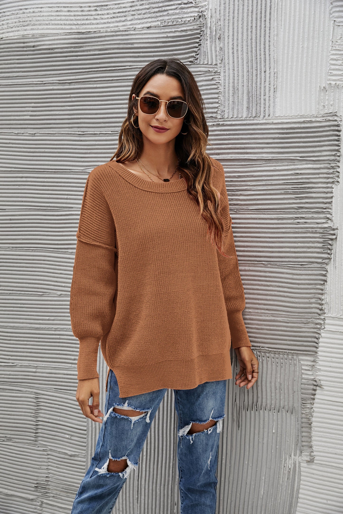 Solid Side Slit Knit Sweater