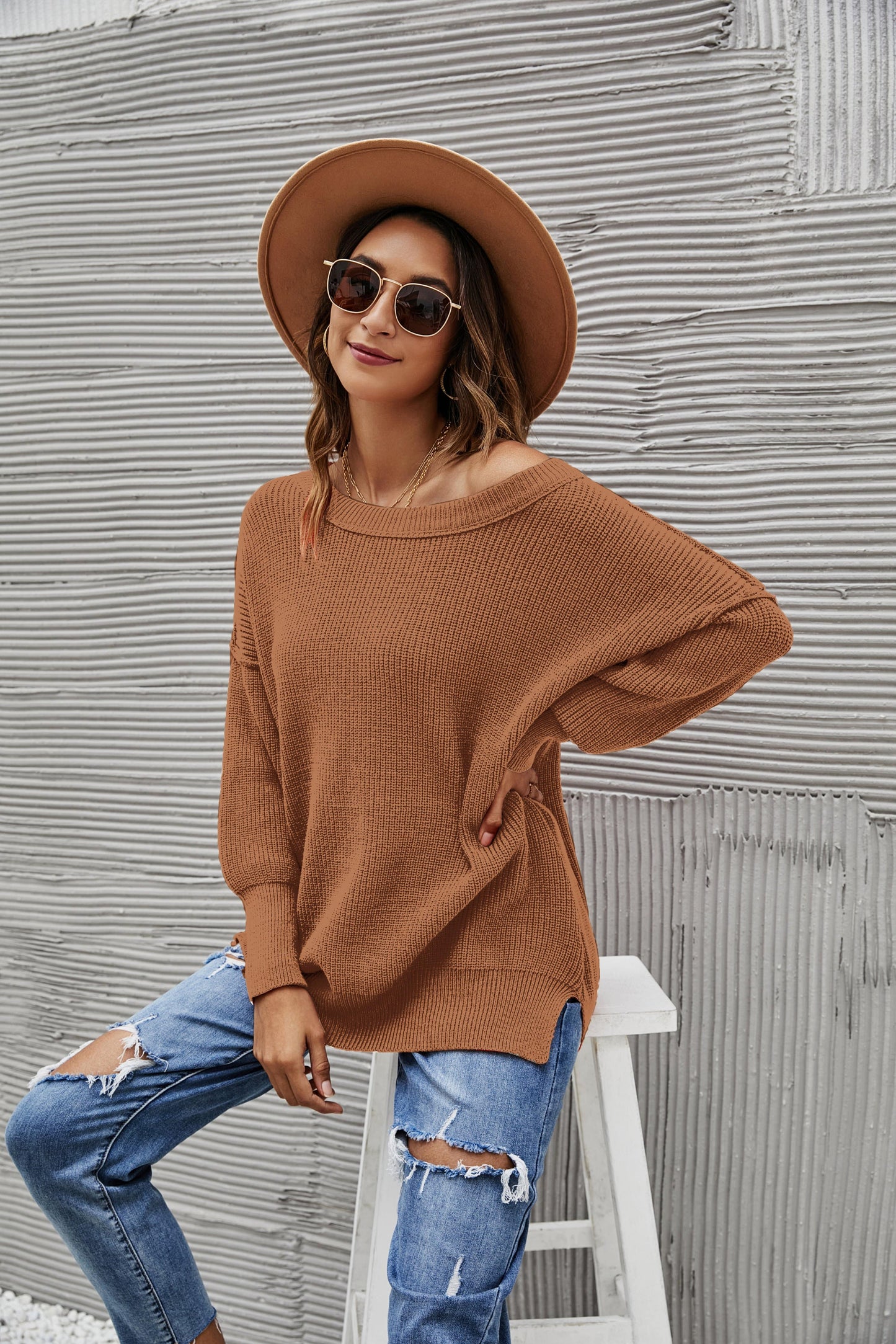 Solid Side Slit Knit Sweater