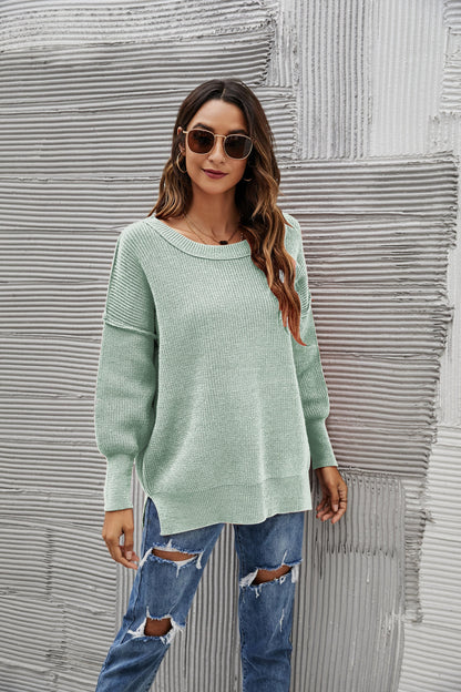 Solid Side Slit Knit Sweater