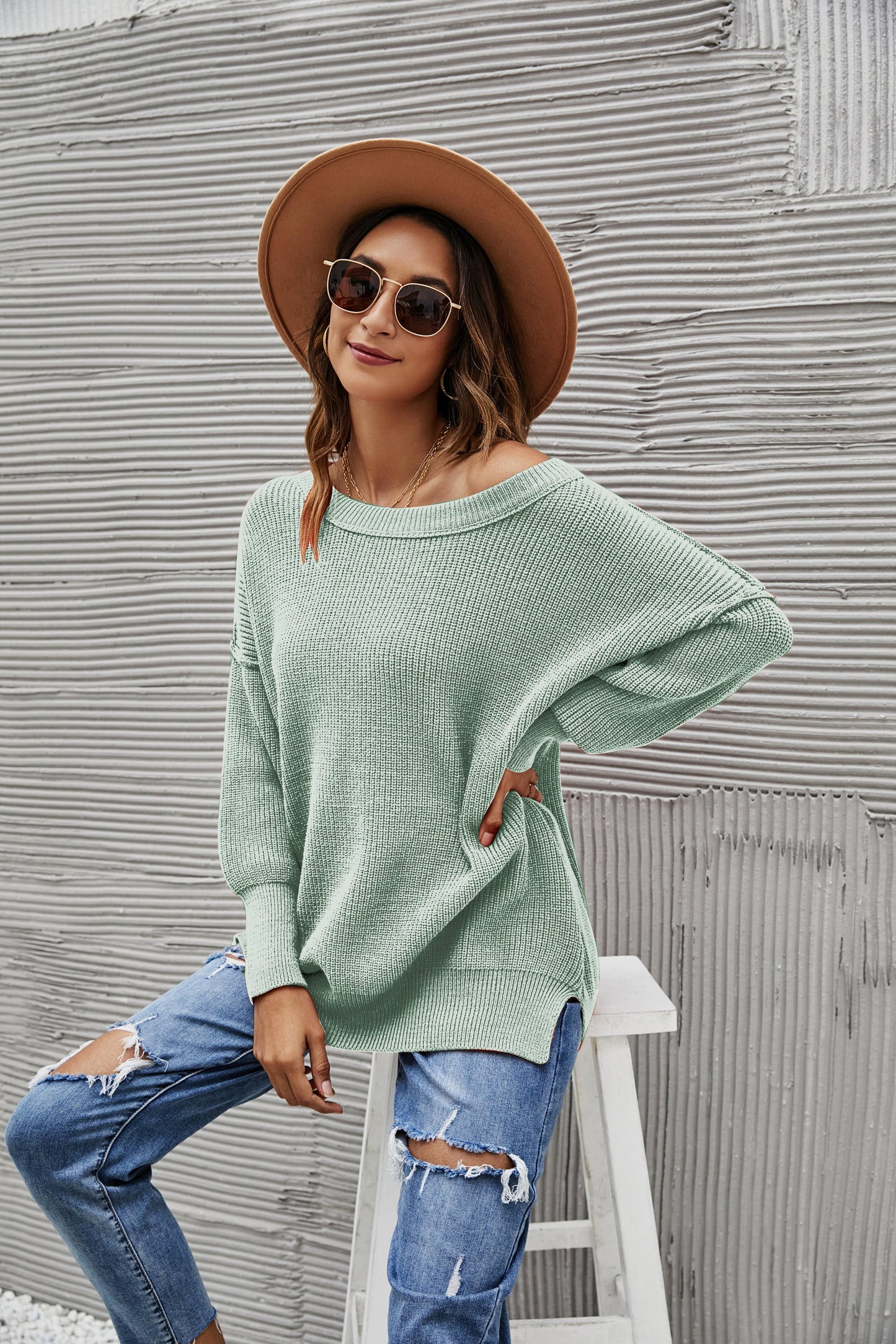 Solid Side Slit Knit Sweater