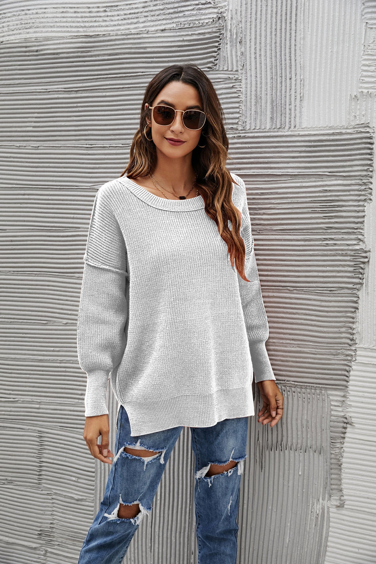 Solid Side Slit Knit Sweater