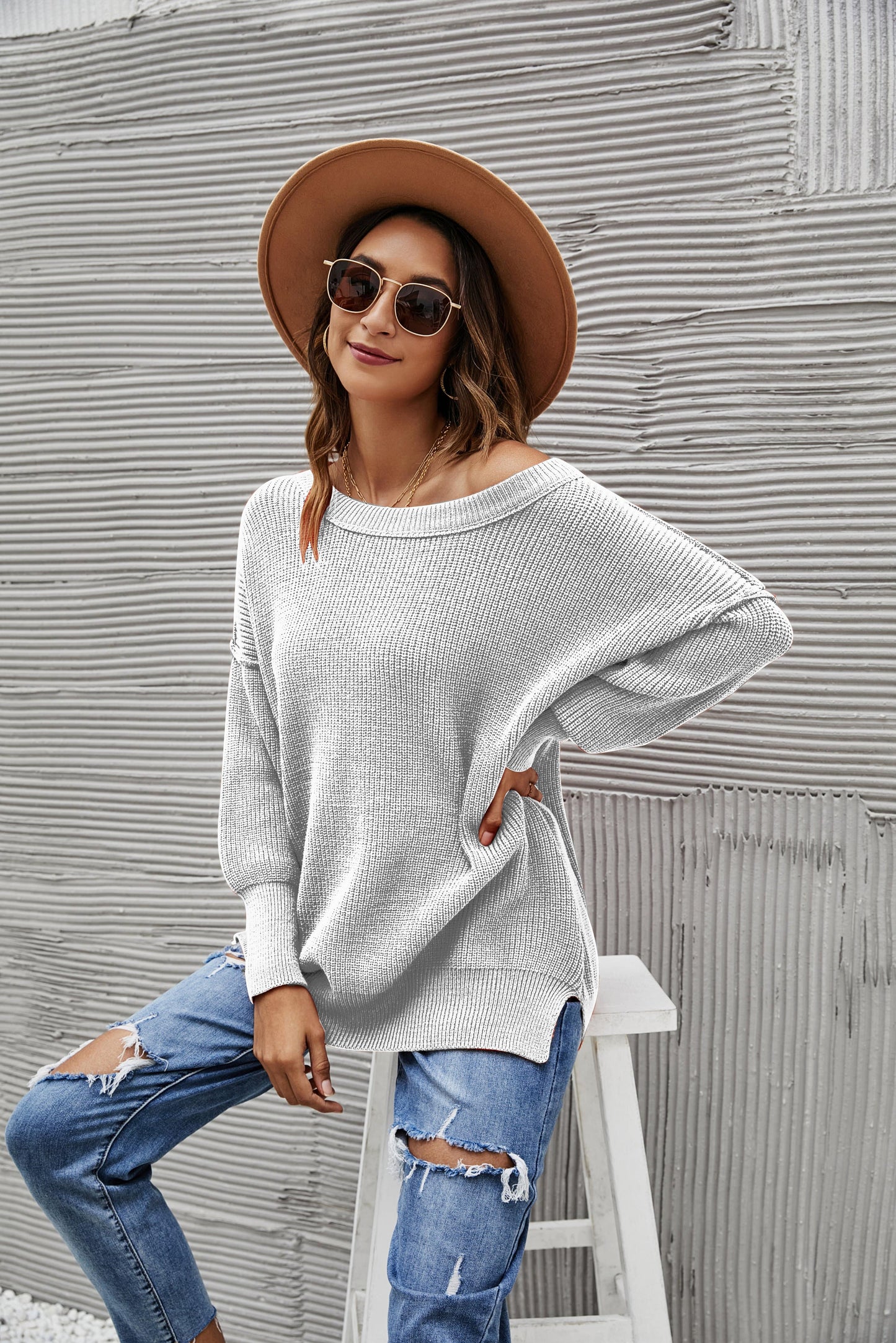 Solid Side Slit Knit Sweater