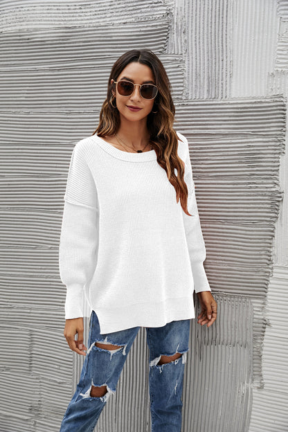 Solid Side Slit Knit Sweater