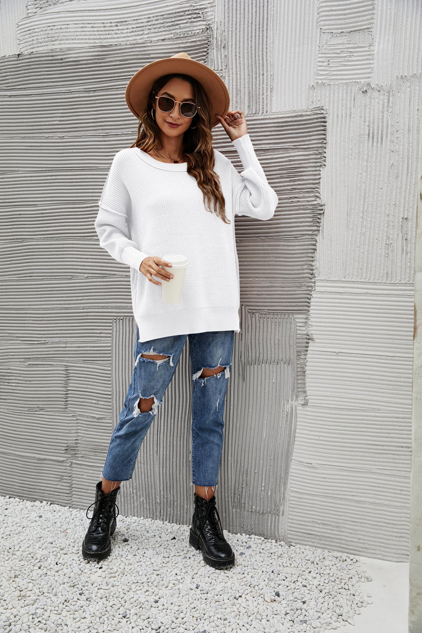 Solid Side Slit Knit Sweater