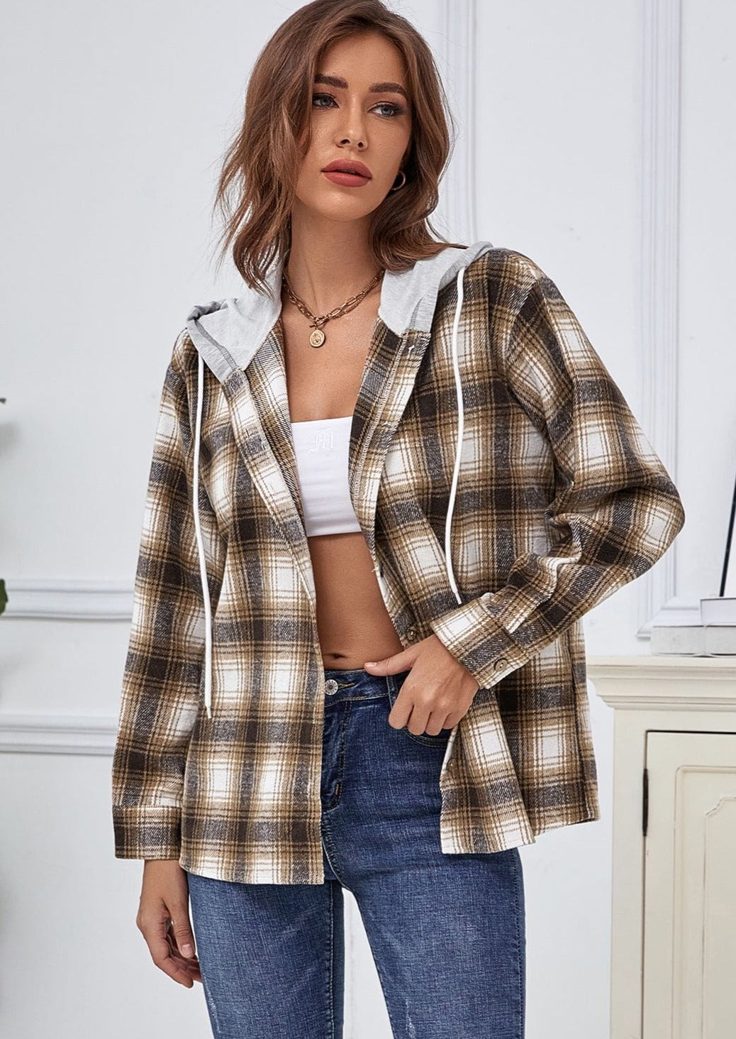 Plaid Hooded Button Down Jacket
