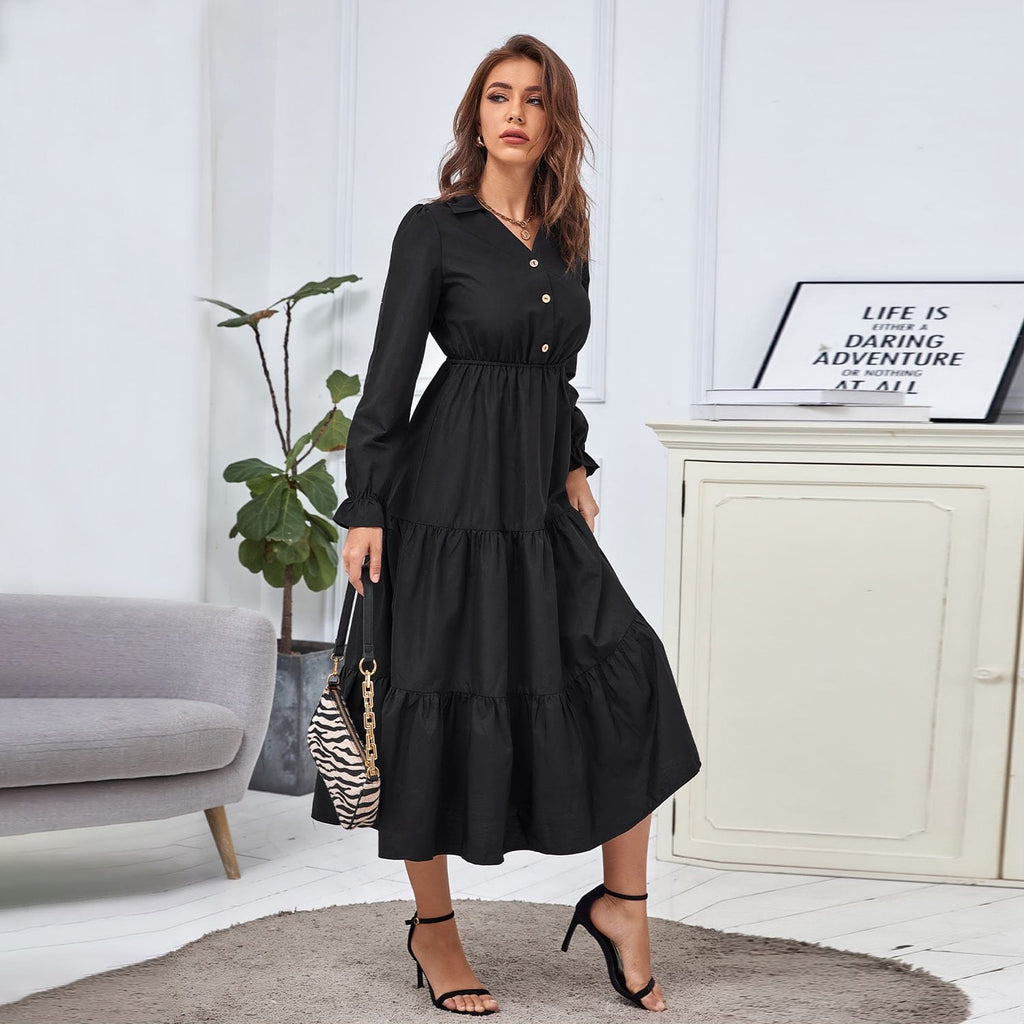 Collared Long Sleeve Tiered Dress