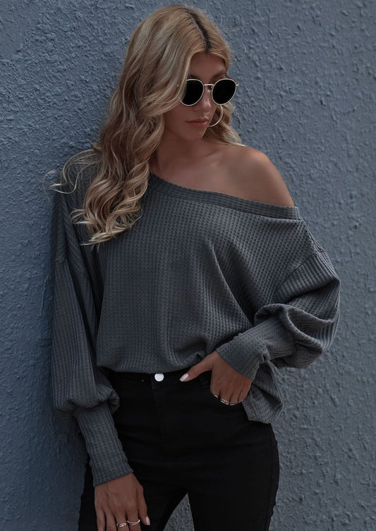 One Shoulder Waffle Knit Sweater