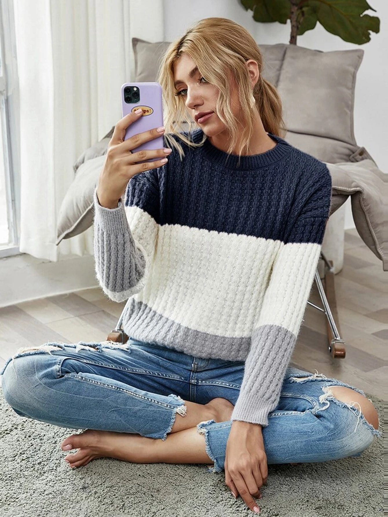 Textured Knit Color Block Striped Sweater