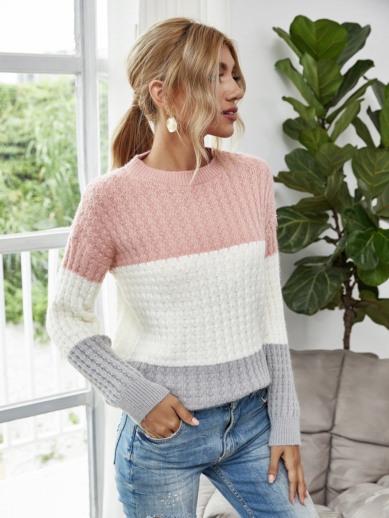 Textured Knit Color Block Striped Sweater