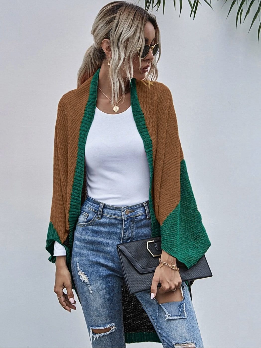 Batwing Sleeves Curved Hem Oversized Knit Cardigan for Women