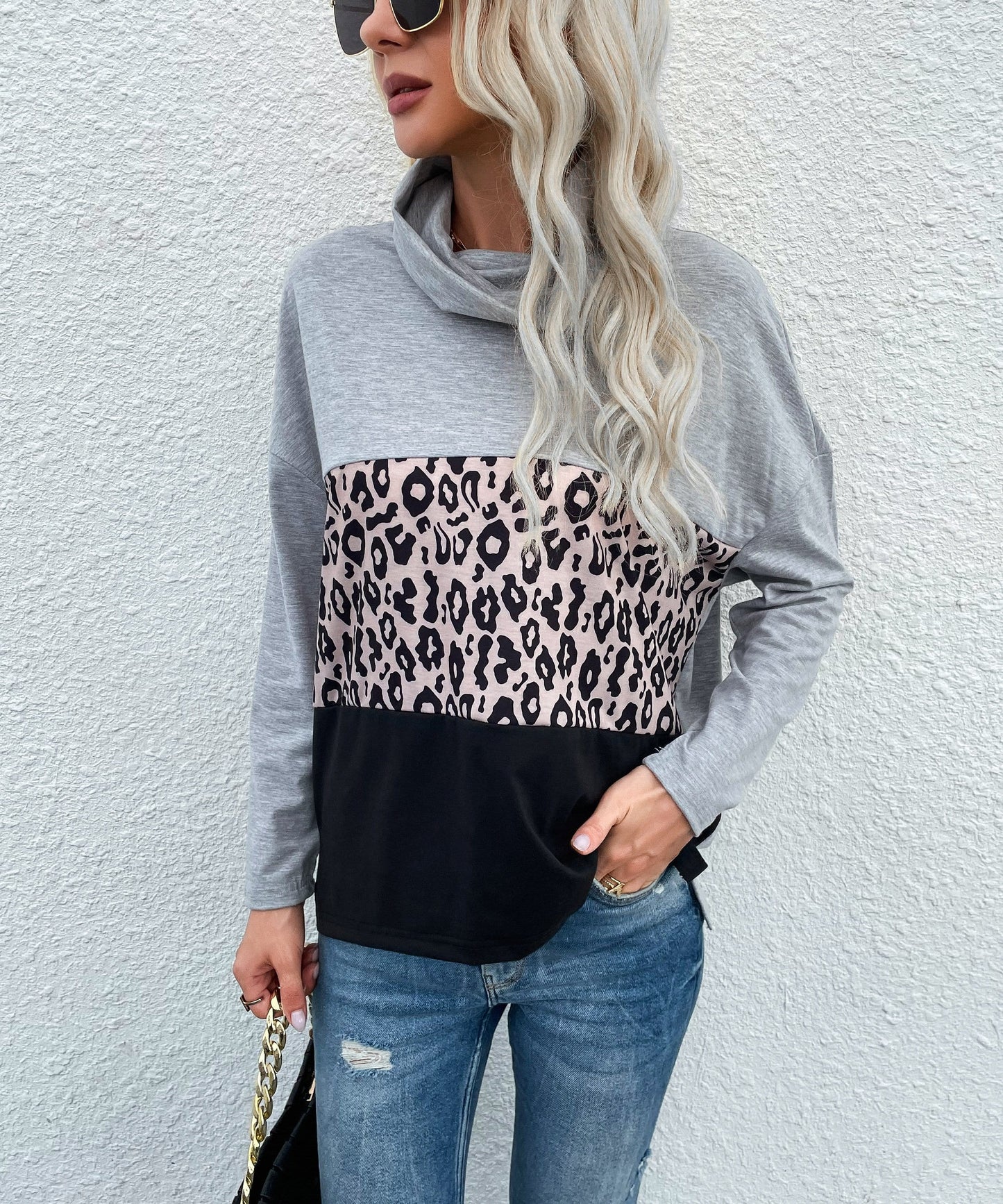 Cowl Turtleneck Color Block Sweater